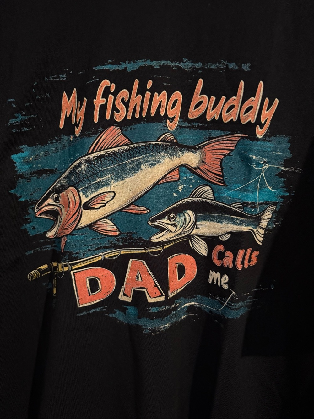 Dad Fishing Buddy Graphic Tee - Black with Teal & Coral Print